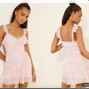 LoveShackFancy Serima Mini Dress Pink Combo Ruffled Lace Slip Dress, Size Small